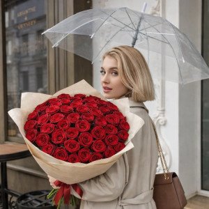 Букет 51 красная роза с бежевой упаковкой