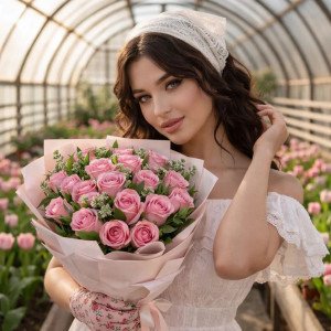 19 розовых роз с зеленью и упаковкой